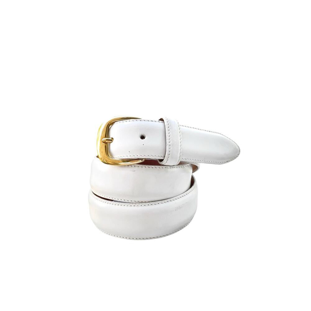 Vintage Cole Haan White Leather Belt Gold Brass Buckle Coastal Prep Made in USA